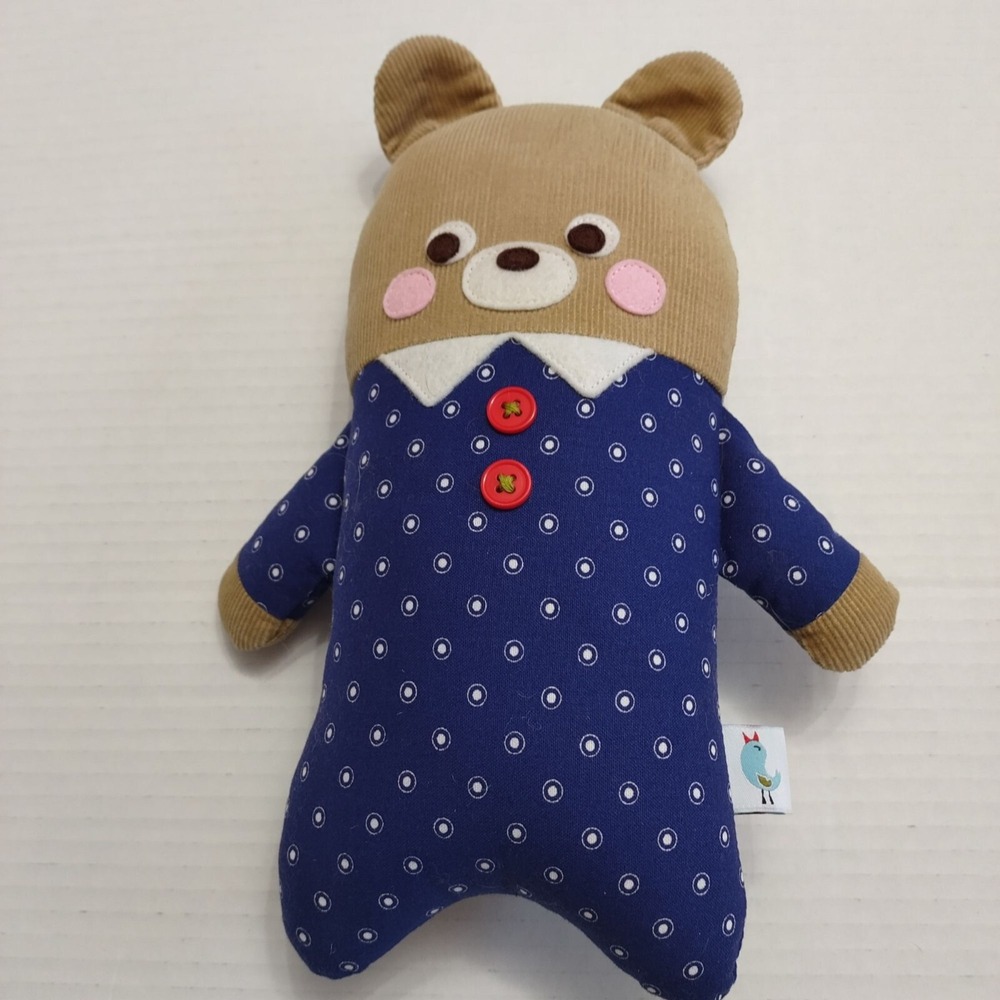 Retro Mama stuffed bear mixec texture whimsical boho toy animal blue 11‎ inch